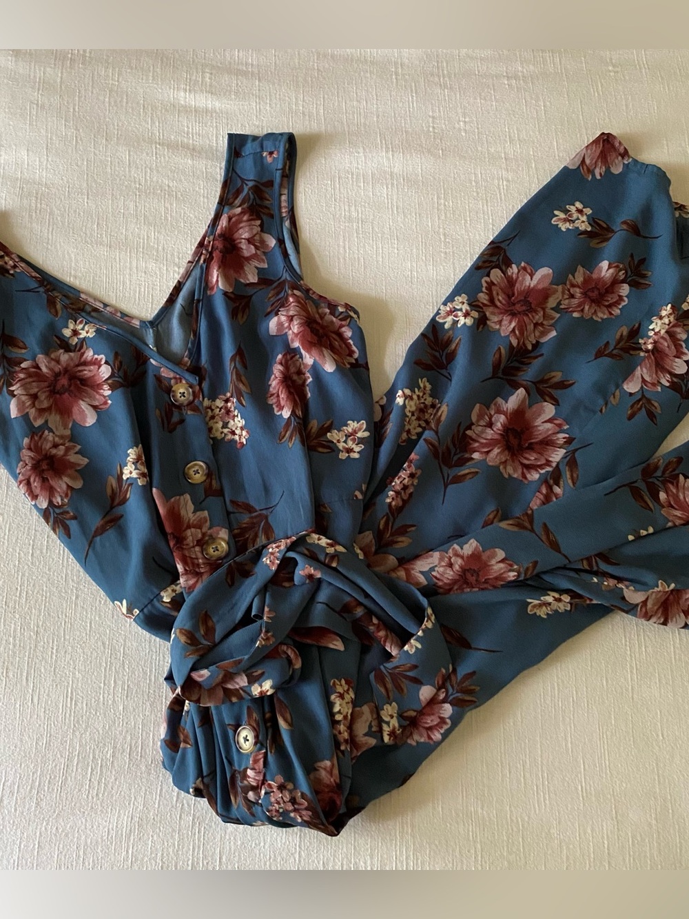 Floral Button-Front Jumpsuit in Slate Blue and Mauve